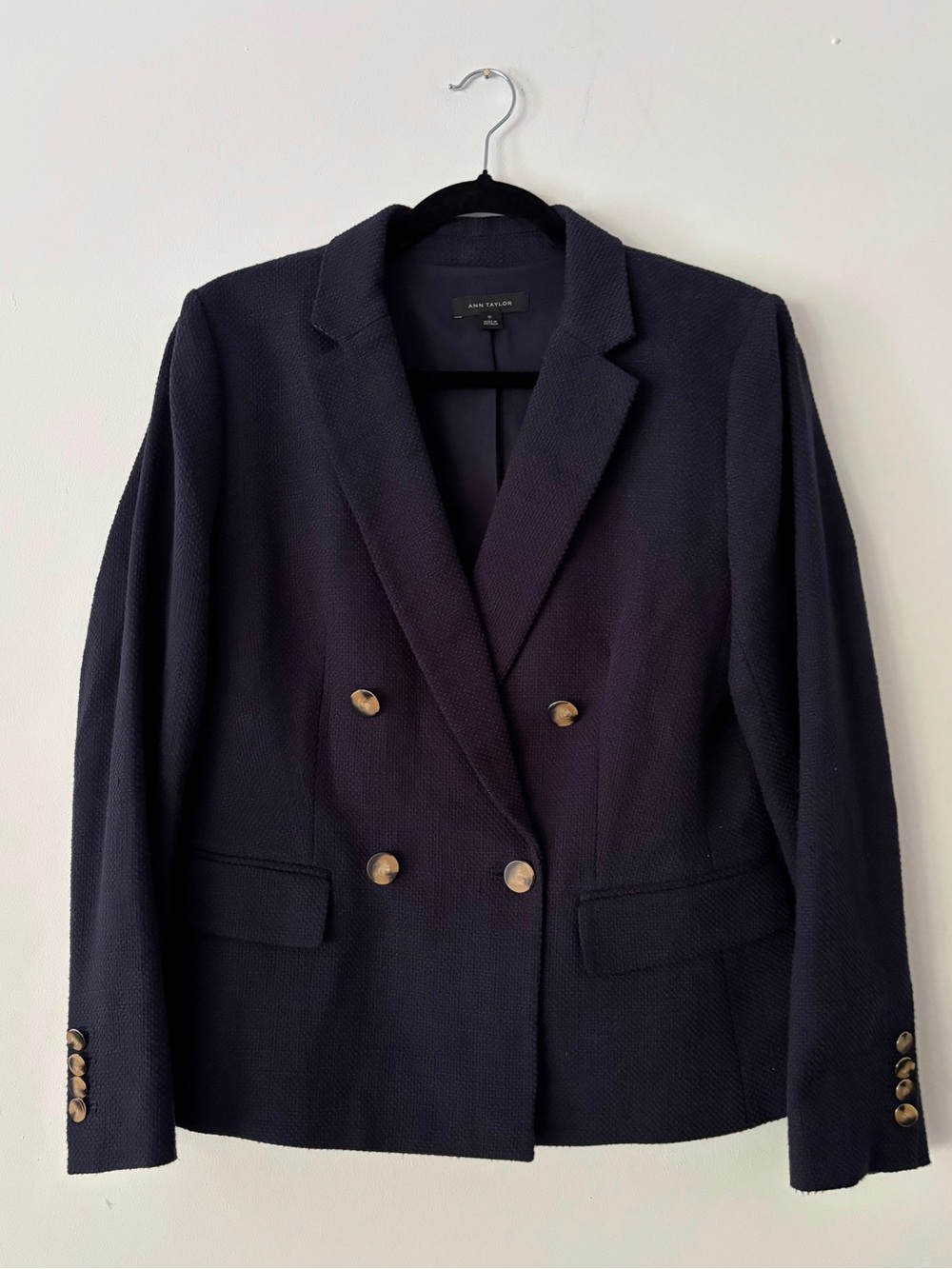 Ann Taylor Womens Navy Tweed Double Breasted Blazer Size 12 Lined Notch Lapel